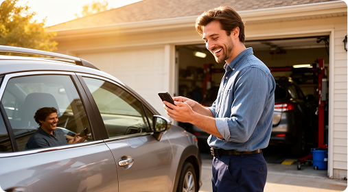Customer receiving a quote on a phone beside a vehicle