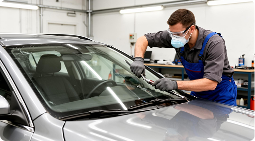 Technician repairing a windscreen