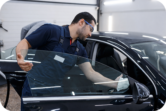 Technician replacing car door glass