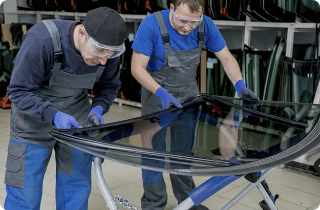 Technicians fitting vehicle glass