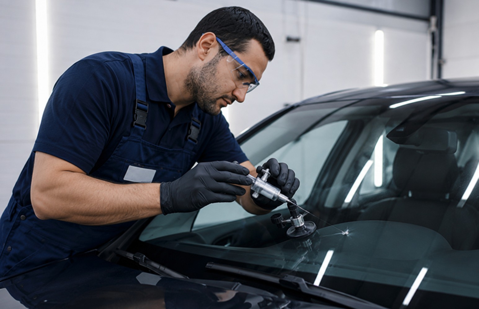 Technician carrying out a windscreen chip repair
